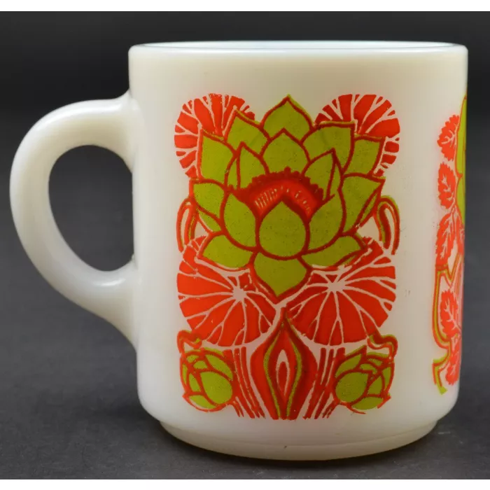 Vintage Milk Glass Floral Pattern Stackable Coffee Mug - 3.375" Tall