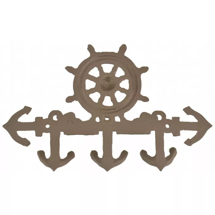 Cast Iron Wall Key Hook - Ship Wheel & Anchor - Rust Colored
