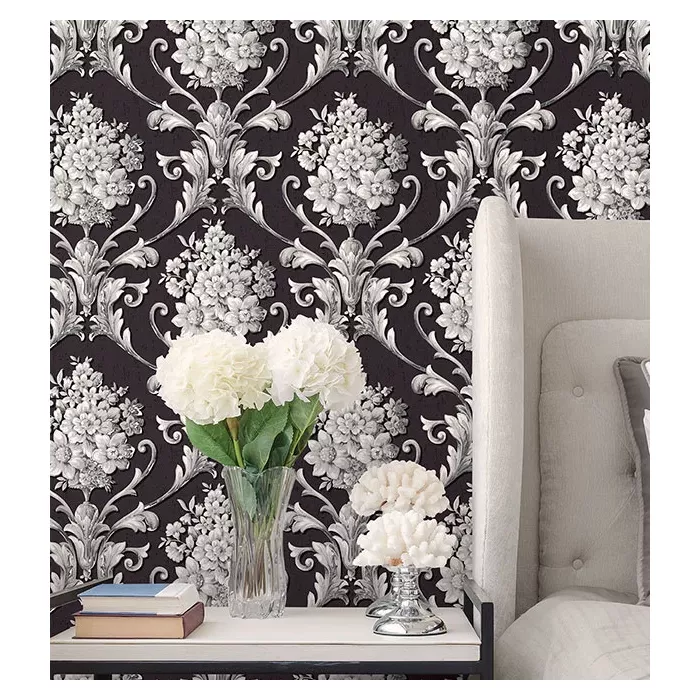 Floral Damask Wallpaper Black, Metallic Silver Norwall Wallcovering CS35625