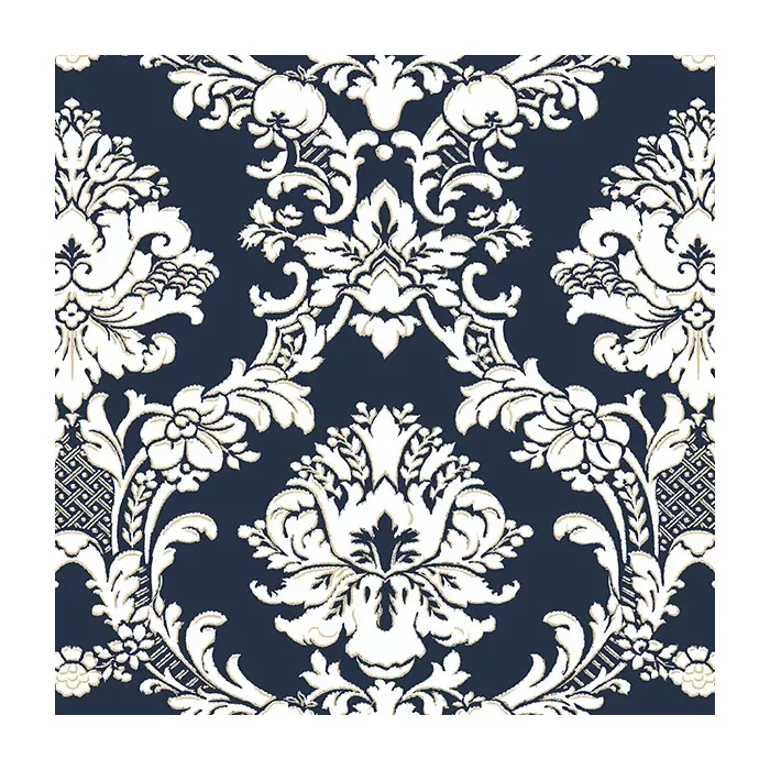 Document Damask Wallpaper Navy, White, Metallic Gold Norwall Wallcovering SD36120