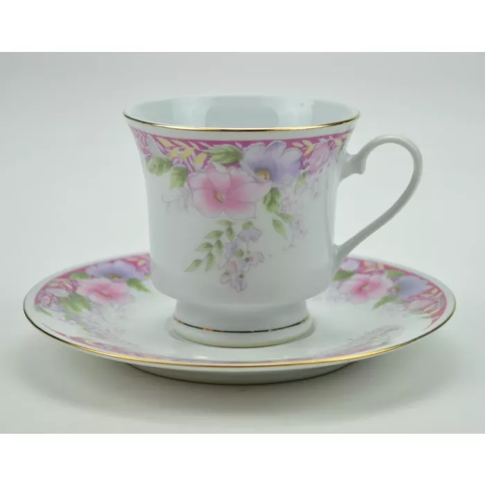 Collectible China Tea Cup And Saucer - Pink & Purple Floral Pattern With Gold Rim