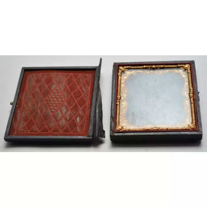 Antique Tintype & Daguerreotype Picture In Wooden Case With Ornate Gold Trim