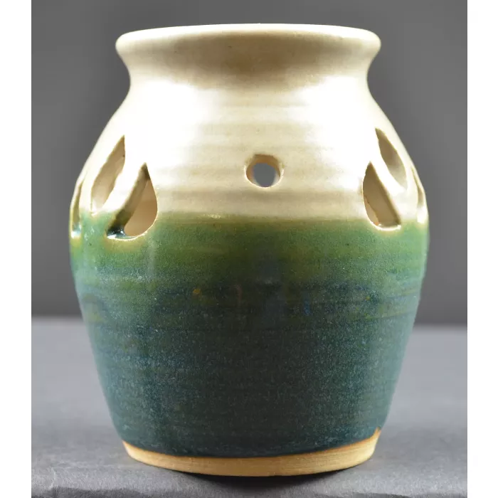 Pottery Vase - Cut Out Designs - Green & Grey - 3.75" Tall