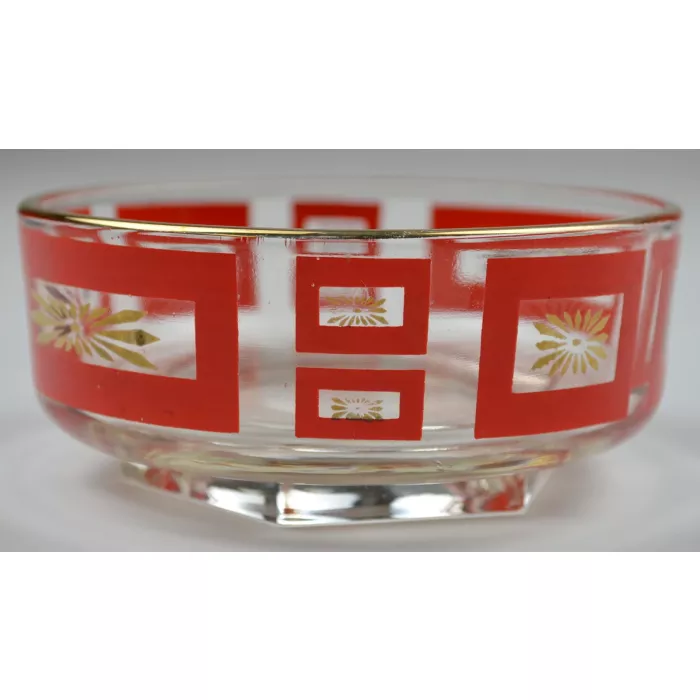 Vintage Clear Glass Bowl - Red Square & Gold Sunburst Pattern - 4.5" Round