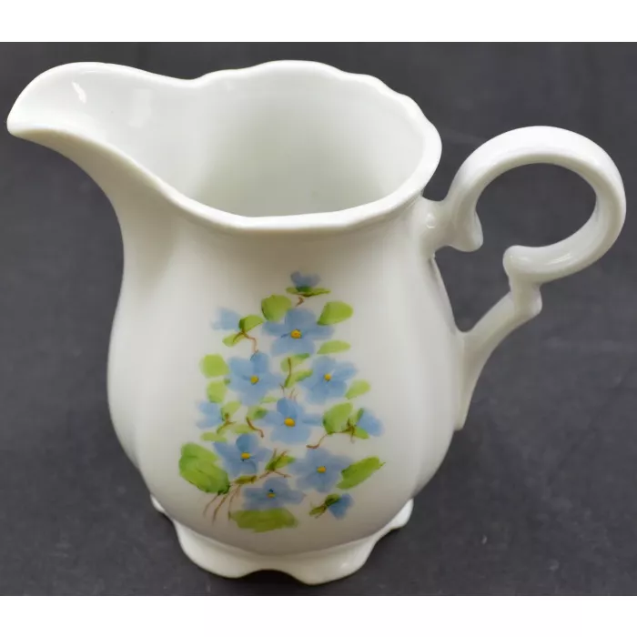 Porcelain Creamer Pitcher - Hand Painted Blue Floral Pattern - Signed Lindy