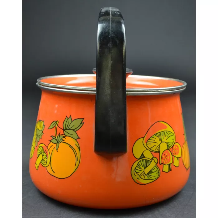 Vintage Orange Enamelware Tea Kettle - Vegetable Pattern - 8" Tall