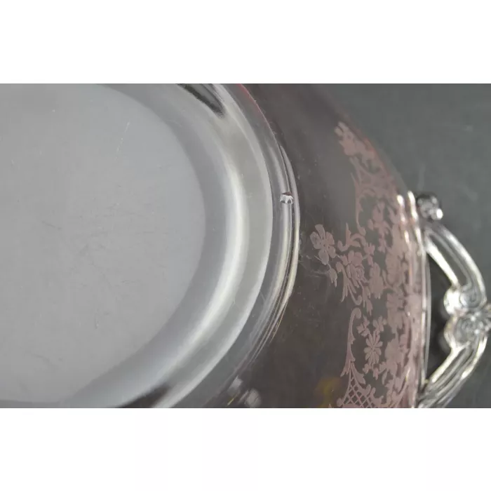 Pink Depression Glass Etched Pattern Octagon Handled Bowl - 2.5" Tall
