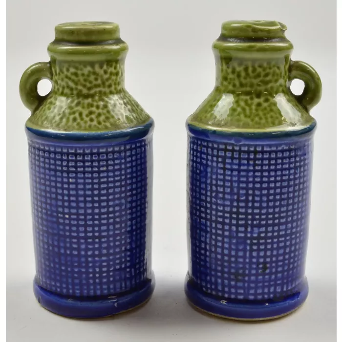 Vintage Blue & Green Ceramic Milk Can Salt & Pepper Shakers - 3.625" Tall