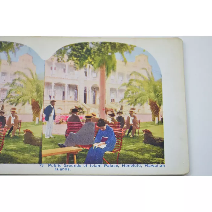 Antique Stereoview - No. 73 - Public Grounds Lolani Palace, Hawaiian Islands