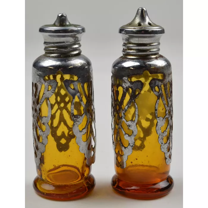Vintage Amber Salt & Pepper Shakers With Ornate Metal Accents - 4" Tall