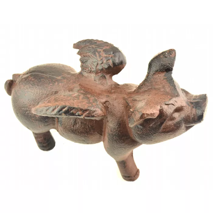 Decorative Metal Sculpture - Flying Pig With Wings - Rust Finish - 4.5" Tall