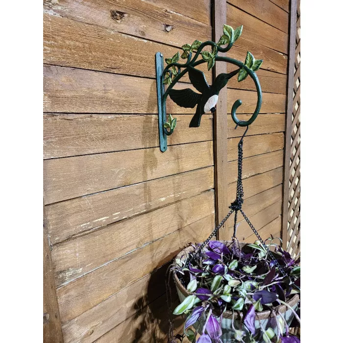 Cast Iron Plant Hanger Hook - Green Hummingbird With Pink Belly - 11.25" Deep
