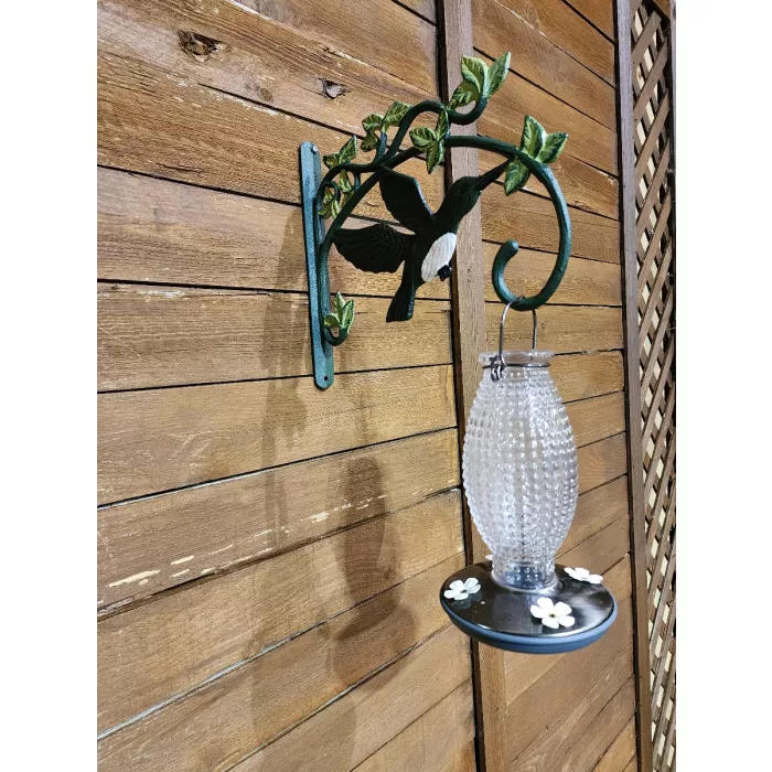 Cast Iron Plant Hanger Hook - Green Hummingbird With Pink Belly - 11.25" Deep