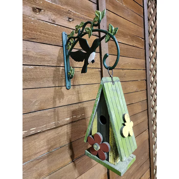 Cast Iron Plant Hanger Hook - Green Hummingbird With Pink Belly - 11.25" Deep