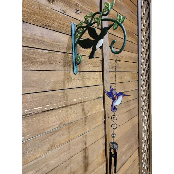 Cast Iron Plant Hanger Hook - Green Hummingbird With Pink Belly - 11.25" Deep