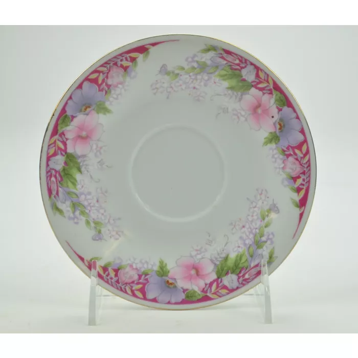 Collectible China Tea Cup And Saucer - Pink & Purple Floral Pattern With Gold Rim