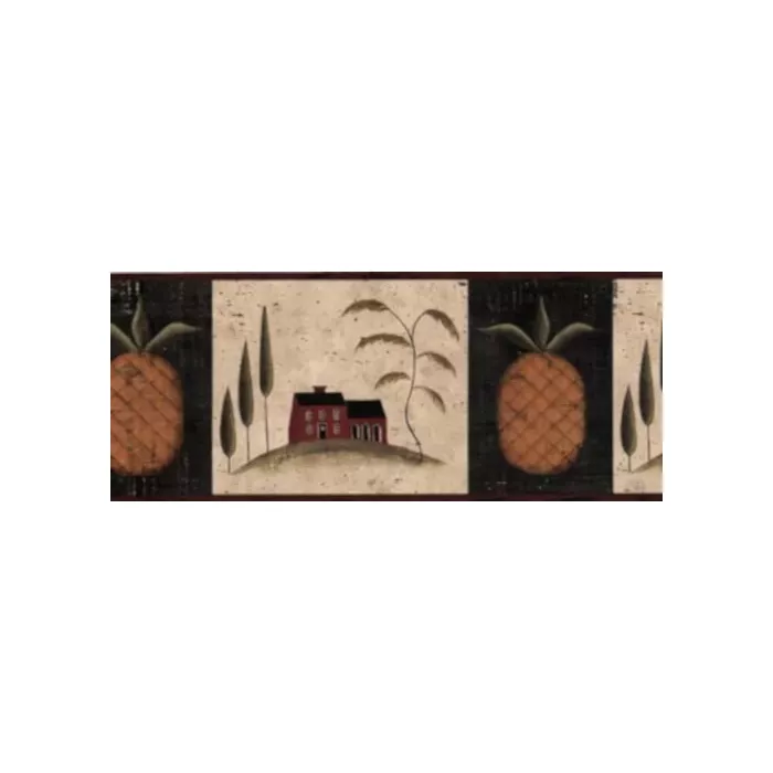 Burgundy Pineapple Folk Art Wallpaper Border