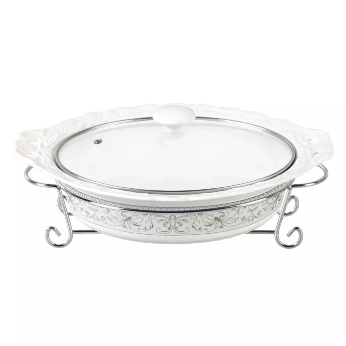 D'Lusso Designs Deco Design Fourteen Inch Oval Casserole With Metal Stand