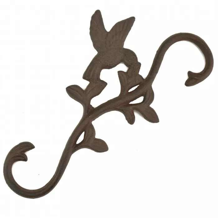 Cast Iron S Style Plant Hook - Hummingbird Scene - 11.25" Tall