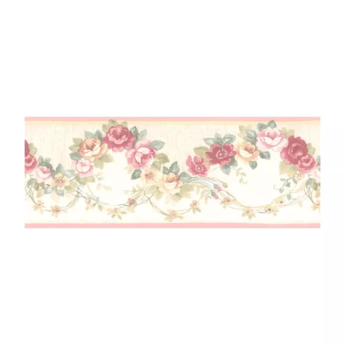 Rose Scallop Wallpaper Border Light Cream, Pink, Yellow, Green, Rose Norwall Wallcovering PR79655