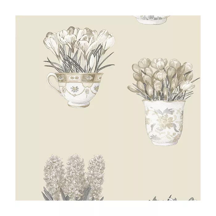 Printemps Tea Cups Wallpaper Beige, Charcoal, Black Norwall Wallcovering FK34422