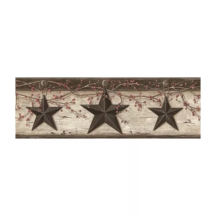Ennis Grey Rustic Barn Star Wallpaper Border Chesapeake PUR44601B