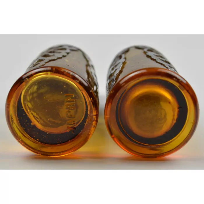 Vintage Amber Salt & Pepper Shakers With Ornate Metal Accents - 4" Tall