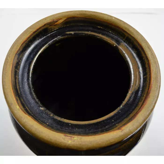 Two Tone Brown Pottery Crock - 9.25" Tall