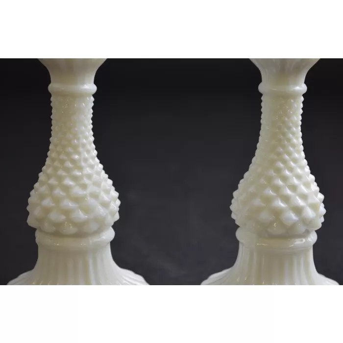 Hobnail Milk Glass Single Light Candlestick Holders - Set Of Two - 6.75" Tall