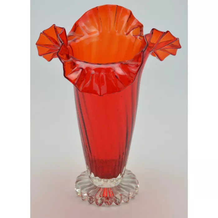 Amberina Art Glass Ruffle Top Vase - 11" Tall