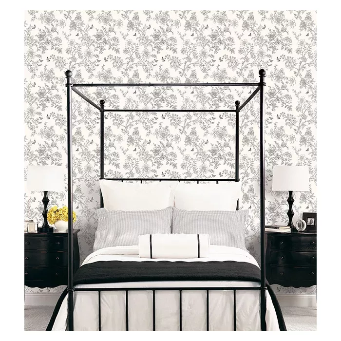 Butterfly Toile Wallpaper Grey, Black, White, Charcoal Norwall Wallcovering FH37540