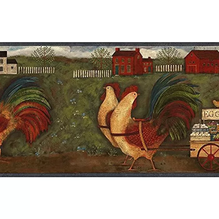 Blue Country Roosters Wallpaper Border