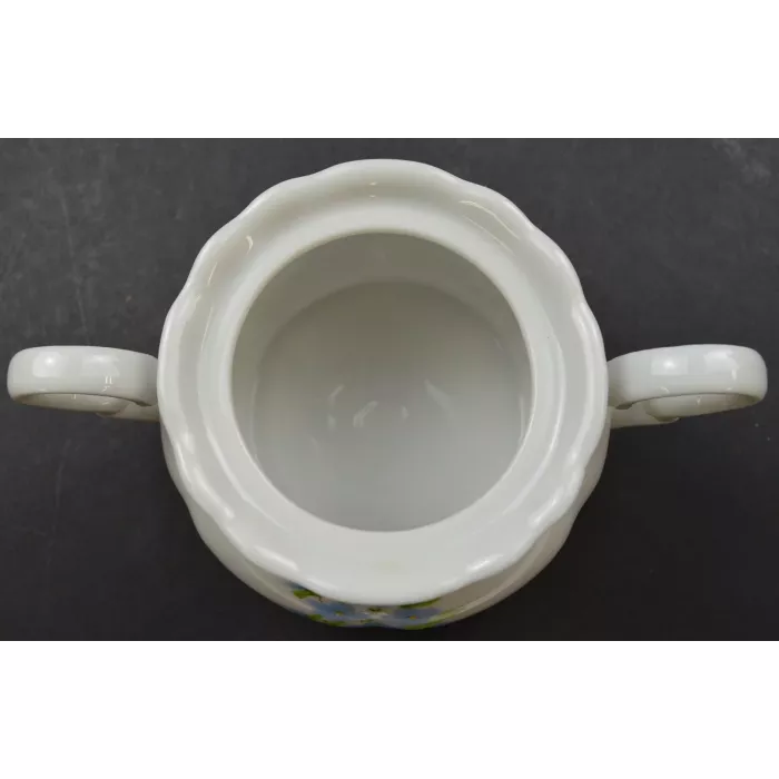 Porcelain Lidded Sugar Bowl - Hand Painted Blue Floral Pattern - Signed Lindy