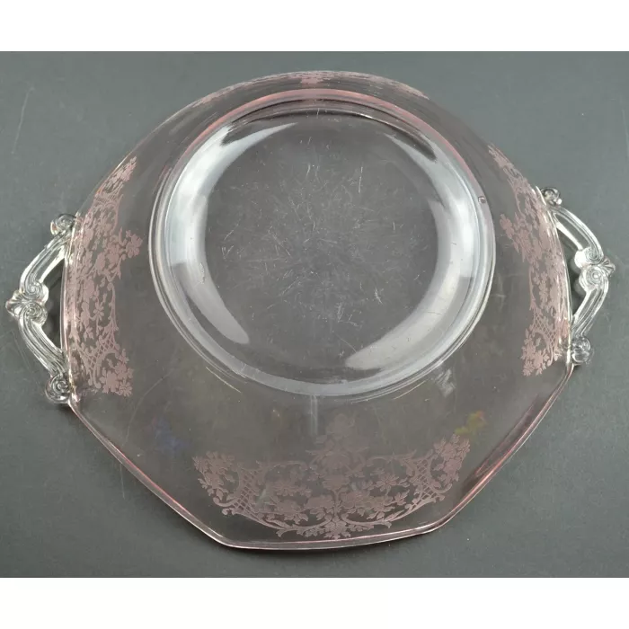 Pink Depression Glass Etched Pattern Octagon Handled Bowl - 2.5" Tall