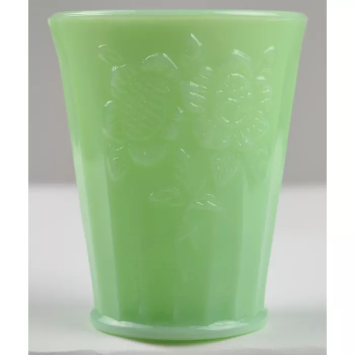 Jadeite Floral Pattern 6" Water Pitcher And Four 3.25" Glasses
