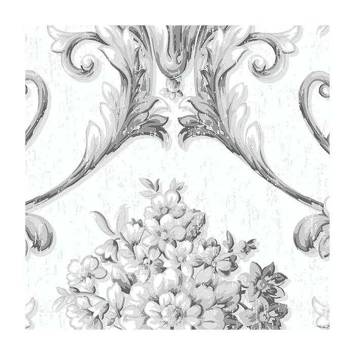 Floral Damask Wallpaper White, Metallic Silver Norwall Wallcovering CS35626