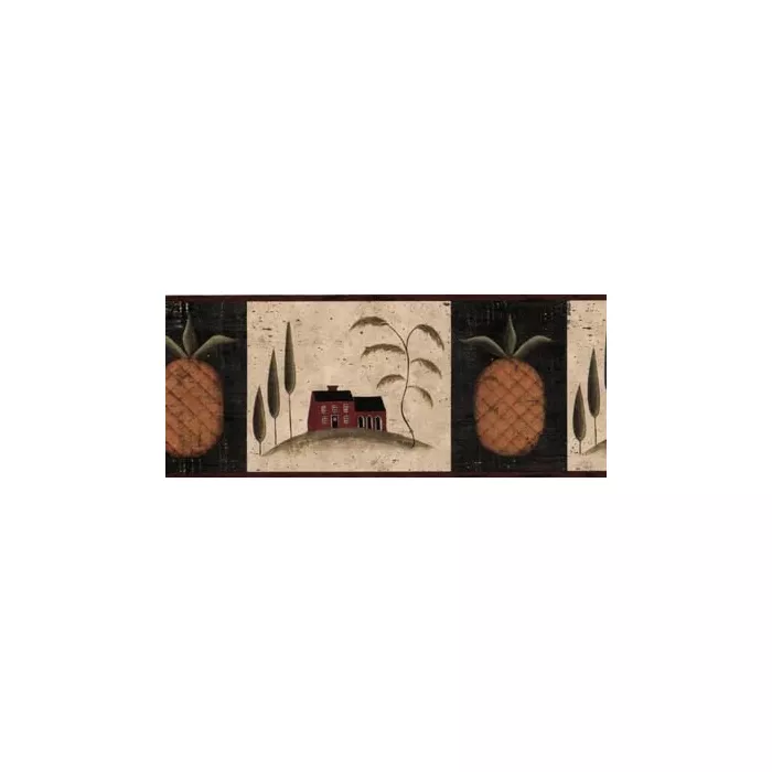 Burgundy Pineapple Folk Art Wallpaper Border