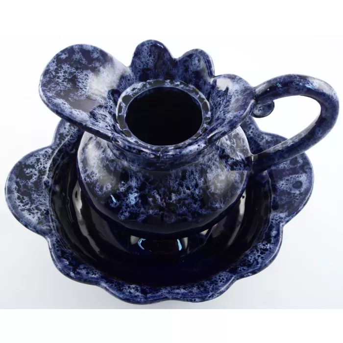 Spongeware Pottery Pitcher and Basin - Dark Blue - 7" Tall