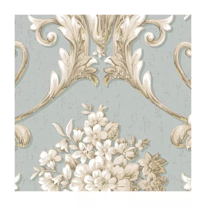 Floral Damask Wallpaper Blue, Beige, Metallic Gold Norwall Wallcovering CS35621