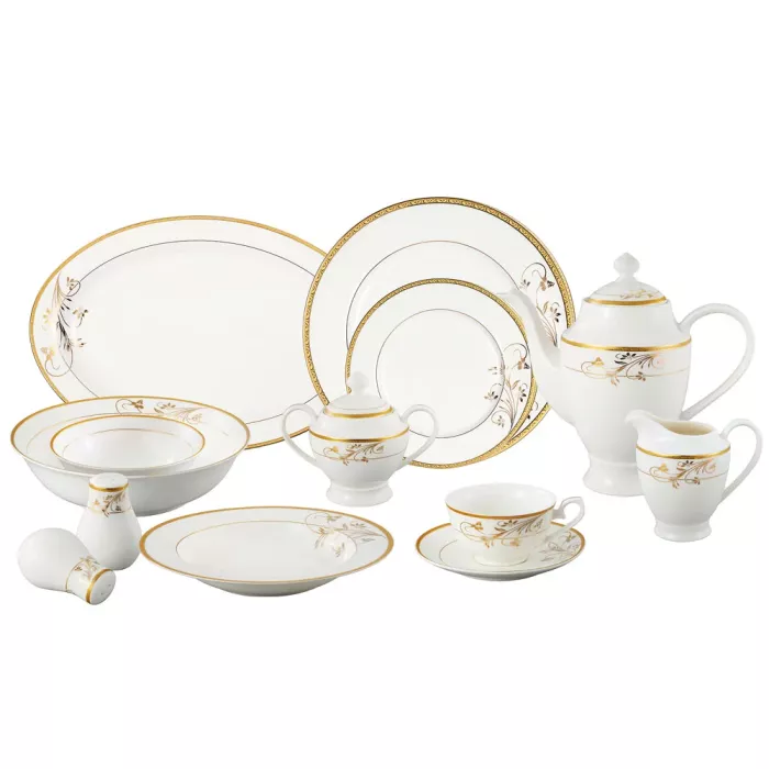 Lorren Home Trends - La Luna - Rosalia Pattern - 57 Pc Bone China Dinnerware Set