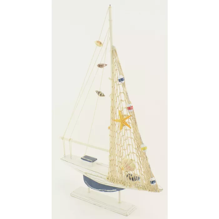 Decorative Wooden Sailboat Figurine - Blue & White With Fishing Net