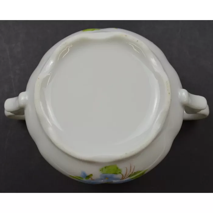 Porcelain Lidded Sugar Bowl - Hand Painted Blue Floral Pattern - Signed Lindy