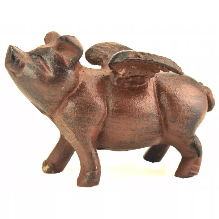 Decorative Metal Sculpture - Flying Pig With Wings - Rust Finish - 4.5" Tall