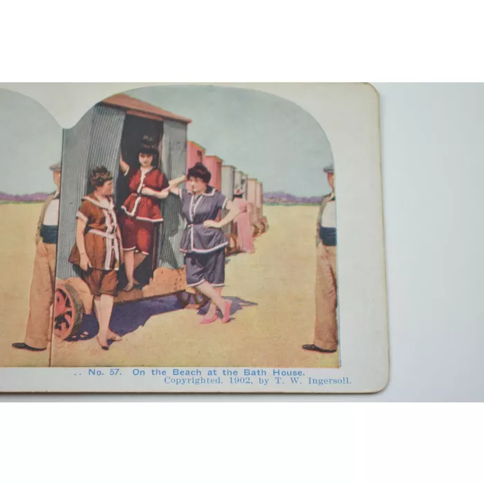 Stereoview By T. W. Ingersoll - No. 57 -  On The Beach At The Bath House - Antique 1902
