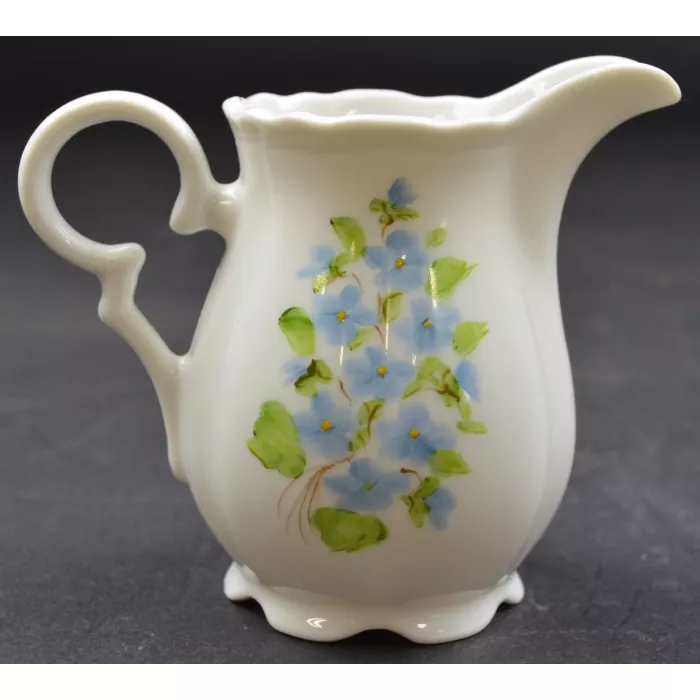 Porcelain Creamer Pitcher - Hand Painted Blue Floral Pattern - Signed Lindy
