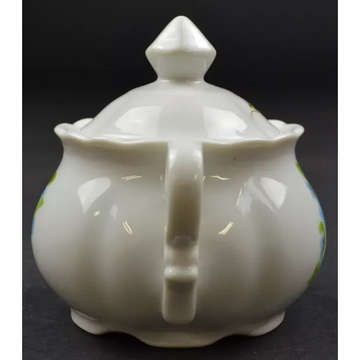 Porcelain Lidded Sugar Bowl - Hand Painted Blue Floral Pattern - Signed Lindy