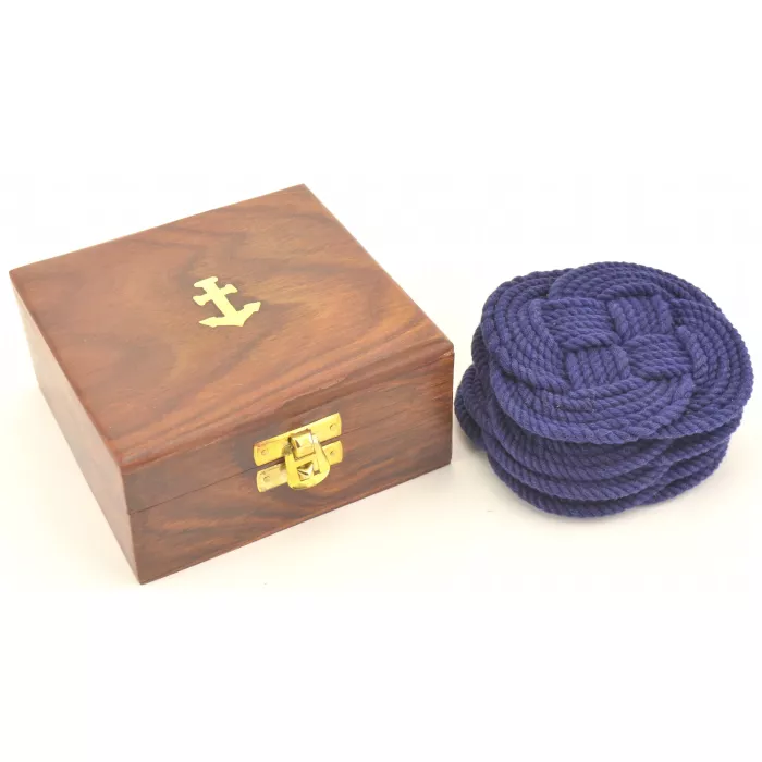 Nautical Rope Blue Drink Coasters & Wooden Storage Box - Set Of 4