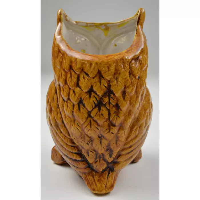 Brown Owl Ceramic Planter With Yellow Eyes - 6" Tall