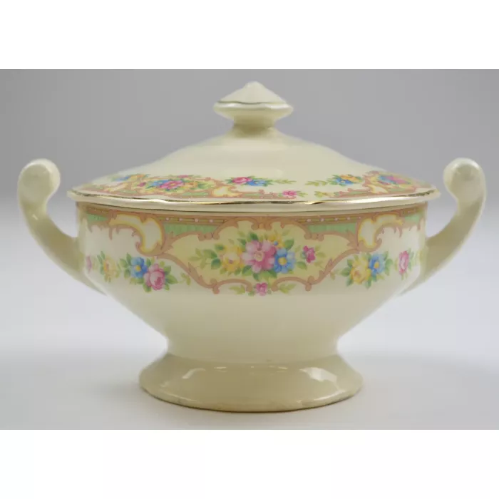 Vintage Handled Sugar Bowl & Lid - Floral Design With Gold Accents - 4.25" Tall