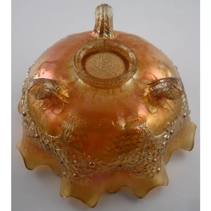 Marigold Carnival Glass Orange Tree ruffled edge footed Bowl 10 " Diameter Merigold